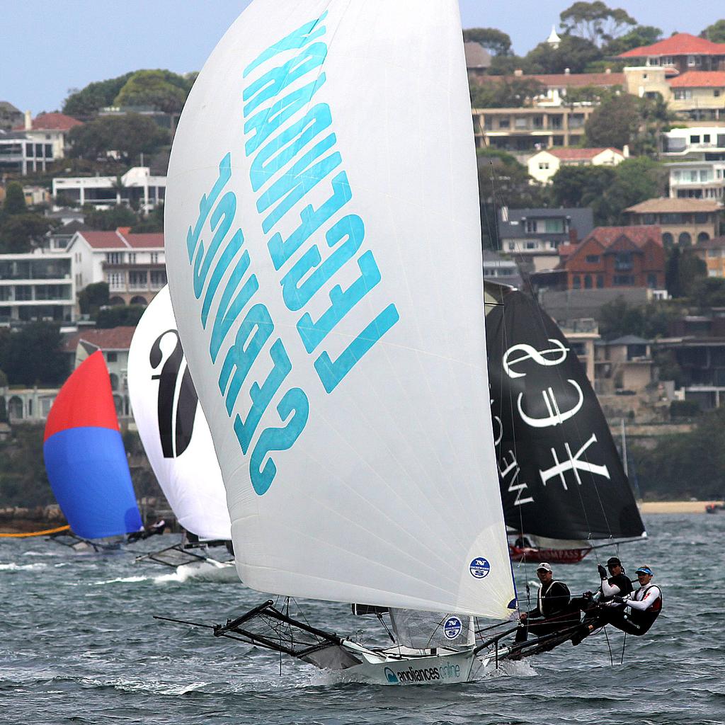 Appliancesonline leads the fleet to the wing mark on the first lap - 18ft skiffs - Race 5, NSW State titles © Frank Quealey /Australian 18 Footers League http://www.18footers.com.au
